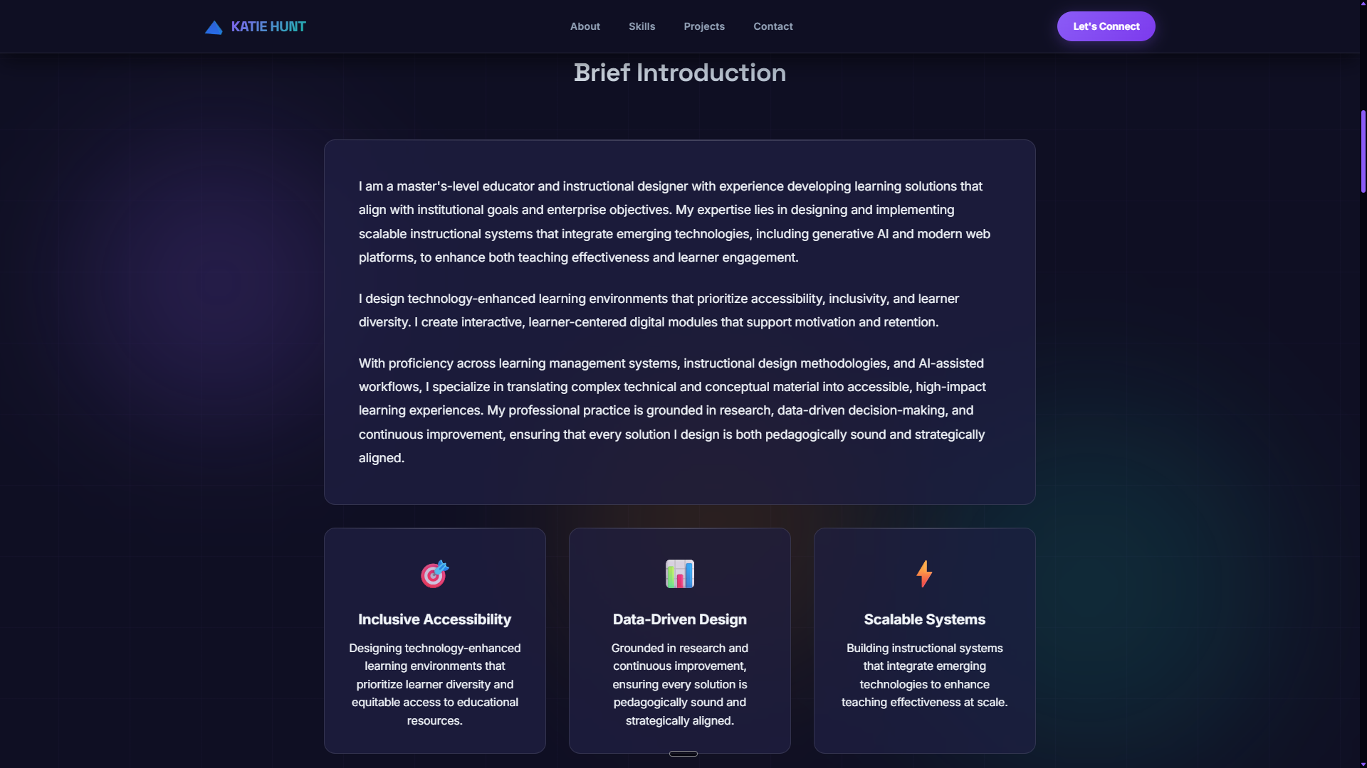 Feature cards — Inclusive Accessibility, Data-Driven Design, Scalable Systems